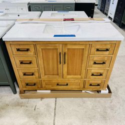48” Brand New Bathroom Vanity in Teak color, Soft Close Solid Wood with Top in White  $799 