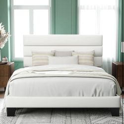Full Size Platform Bed Frame with Velvet Upholstered Headboard, White X-5