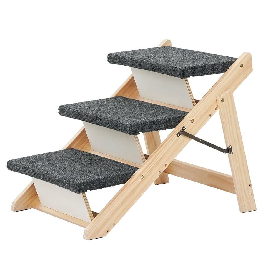 Wood Pet Stairs & Ramp for Small/Medium Dogs and Cats, Aging Pets – 3-in-1 Foldable, Portable, Non-Slip Pet Ladder for Tall Beds, Couches,Cars–Holds U