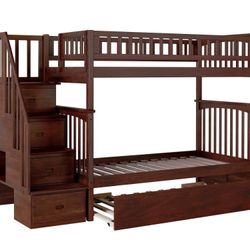 AFI Columbia Staircase Bunkbed With Turbo Charger And Raised Panel Bed Drawers, Full/full, Walnut With Twin Pullout