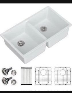 New 33x19x9 Double Bowl Undermount Kitchen Sink 50/50 Split Granite Composite