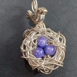 Silver Birds Nest Pendant W/ Mama Bird & Purple Eggs 