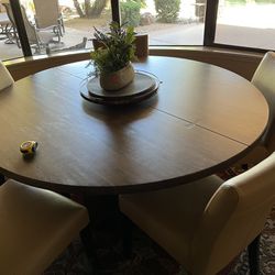 60” Wood Dining Table & 5 Leather Chairs