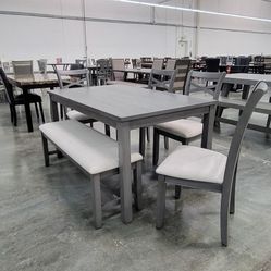 ✅️6 pcs gray finish wood dining table set, padded seat chairs and bench .