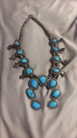 Authenticated Silver turquoise squash blossom Indian necklace