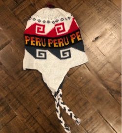 Gray multicolor w dark blue adult reversible size peruvian alpaca chullo hat