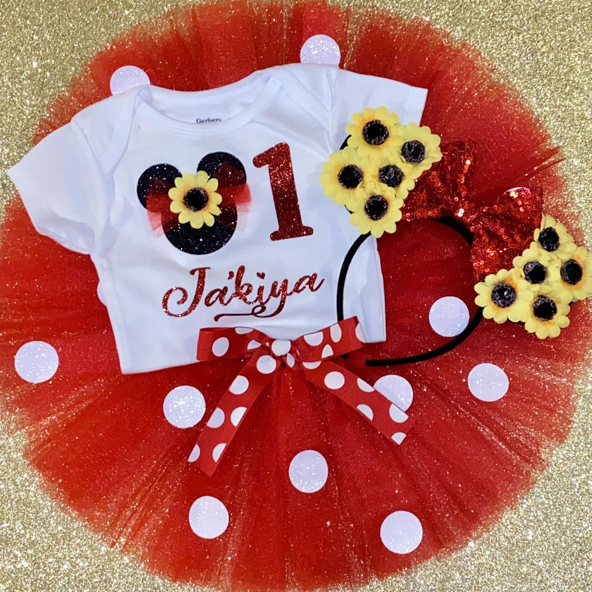 Minnie Mouse Red/Sunflower Birthday Outfit & Headband Ears