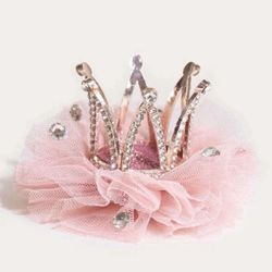 Girls Rhinestone Adorned Pink Mesh Crown Hair Clip Accessory