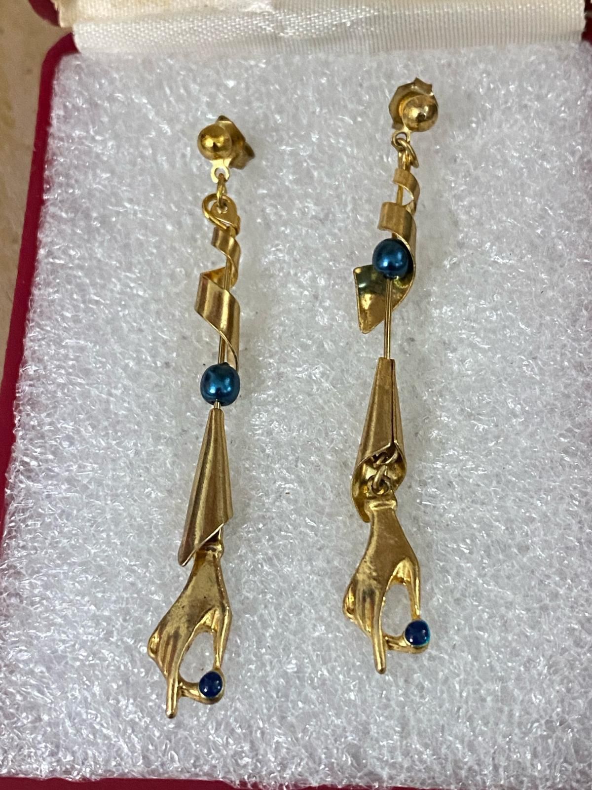Aretes Laminados Perla Azul Joyería Antigua 