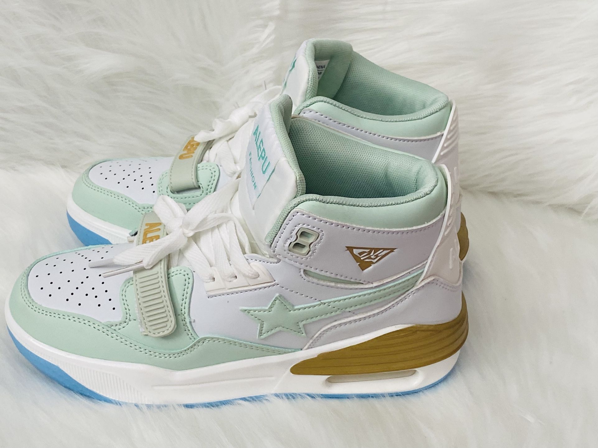 Men’s Streetwear Bape Style Sneakers – Mint Green Gold High Top Shoes with Box . 8.5