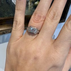 14K White Gold Natural Old Cut Diamond Art Deco Ring 