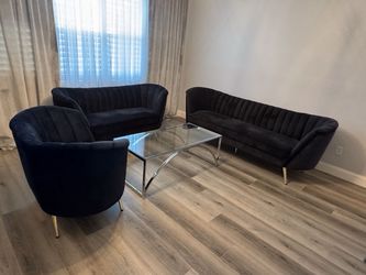 Luxury Black Velvet Living Room Set + Glass coffee Table