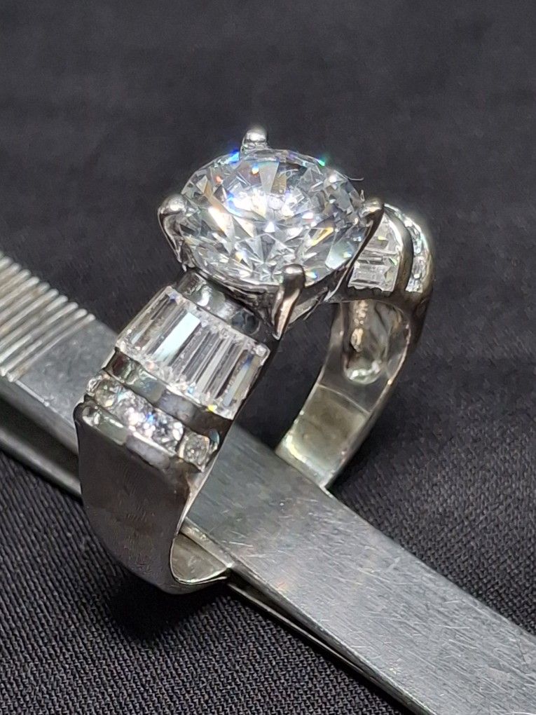 Sterling Silver CZ Stones Engagement Ring Sz 8.75 Gram Wt.7.7