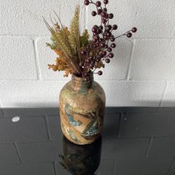 Decorative Decoupage Glass Vase with Faux Berry & Wheat Arrangement