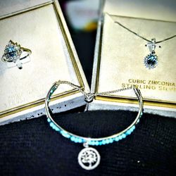 Sterling Silver Cubic Zirconia.; &  Aquamarine Bracelert, Ring ; & Necklass 