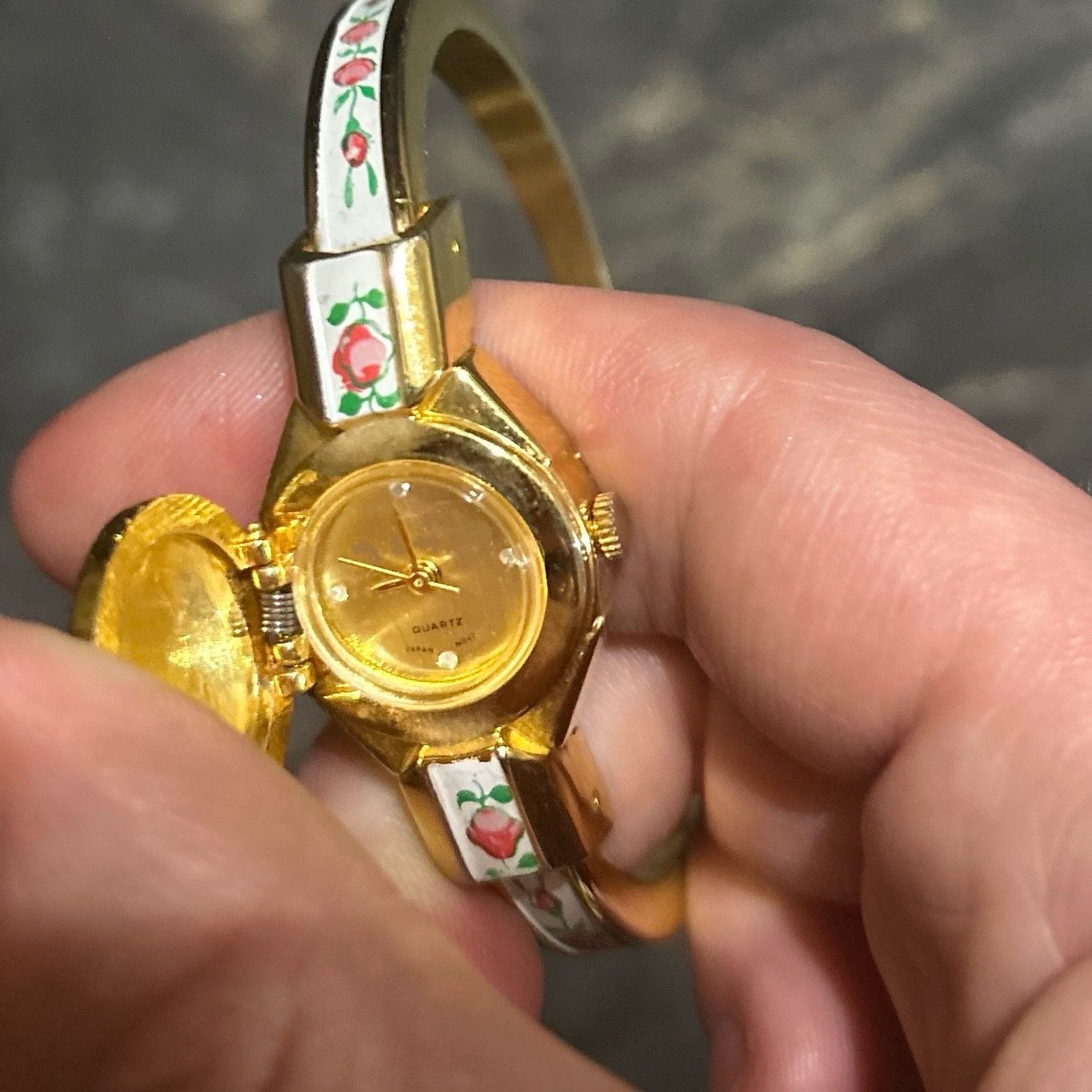 Unique Working Vintage Watch w/ Gems & Floral Print