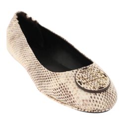 New TORY BURCH Minnie Travel Ballet logo Flats Shoes Leather Cream  Size7,5