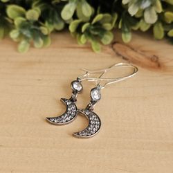 NEW Silver Cubic Zirconia Moon Dangling Design Earrings