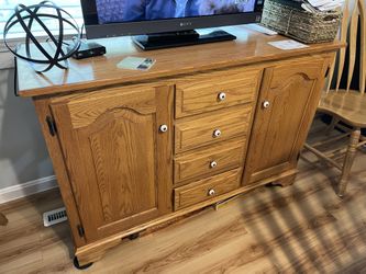 Solid Oak Table Six Chairs Buffet And Cabinet Two Leafs Included