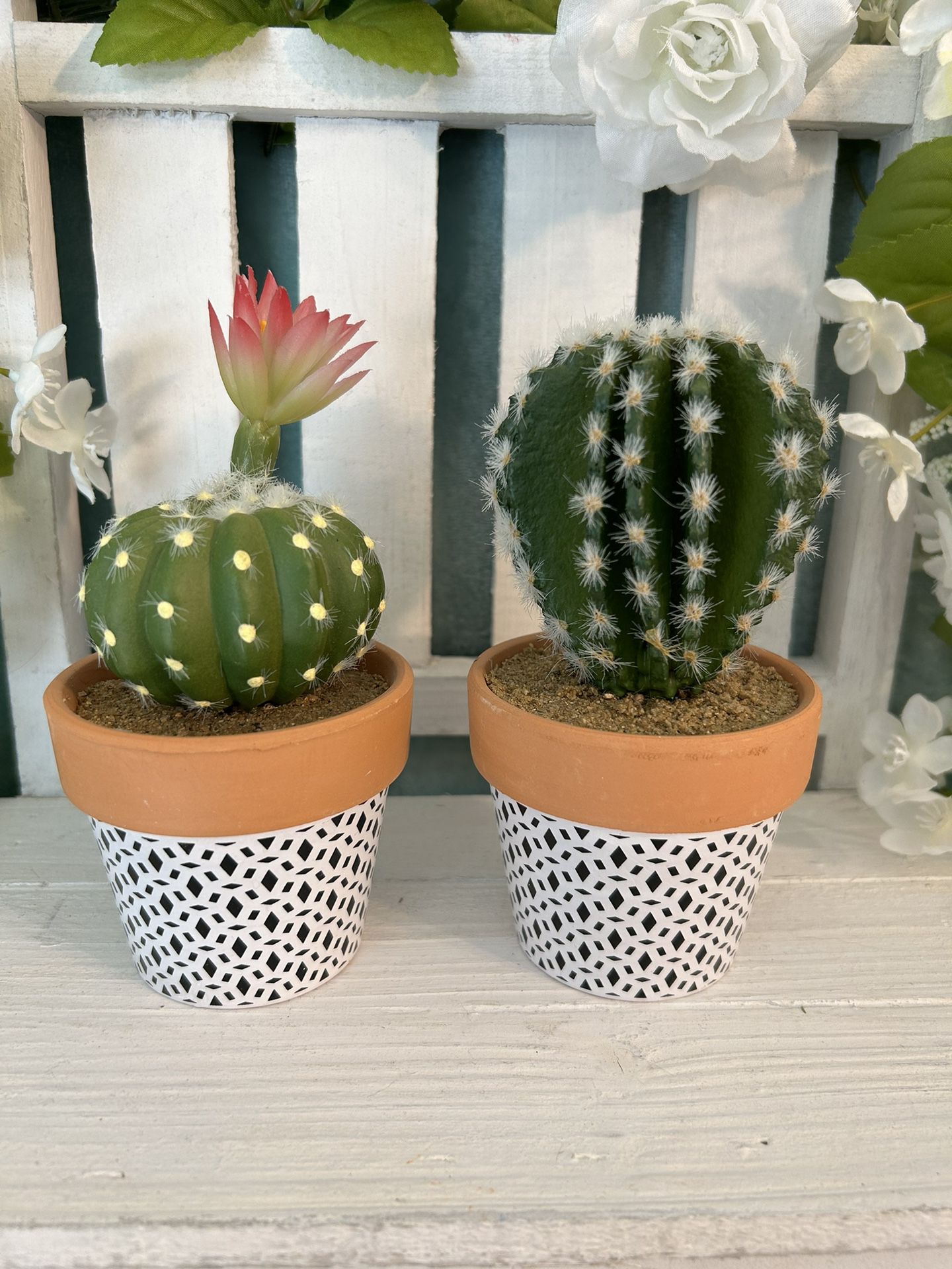 Tier tray decor 2 faux mini cactus plants in pretty garden pots