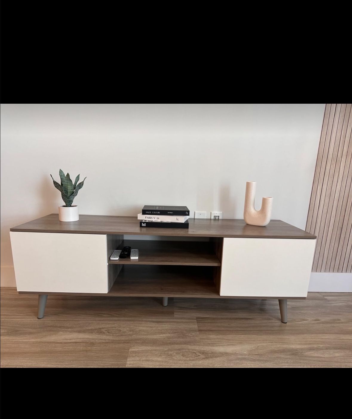 TV Stand for 55 60 inch TV, Boho Entertainment Center with Storage Cabinets, TV Console for Living Room Decor, Greige White