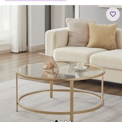 NEW: Doynton 36" Round Glass Top Coffee Table – Gold Finish