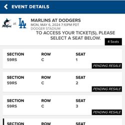 4 Tickets Dodgers Marlins May 6