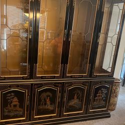 2 piece Chinese lighted hutch  vintage hand painted 