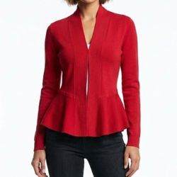 WHBM Cherry Red Coquette Peplum Knit Cardigan Open Front Sweater XXS