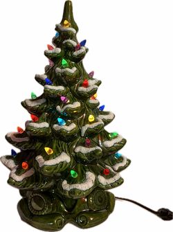 Vintage Ceramic Christmas Tree Lighted Green Snow Flocked Tabletop Decor 17 Inch
