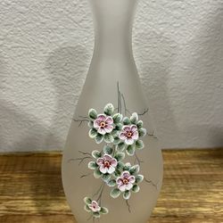 Vintage Frosted Glass Vase With Moriage Cherry Blossom Flowers, Made In Western Germany