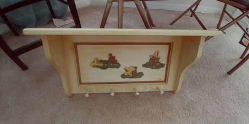 Wooden Shelf With Hooks. Hand painted Curious George Designs