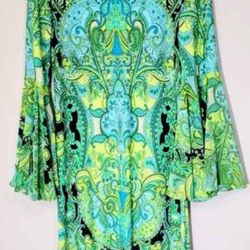 MSK Women’s Paisley Split Bell Sleeve Shift Lightweight Dress Size M Bohemian Hippy Chic