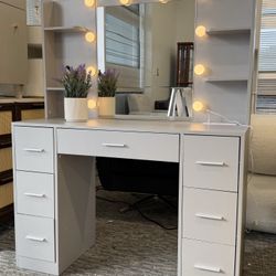 Fully Assembled✨Large Vanity Desk with LED Lighted Mirror & Power Outlet,Makeup Vanity Table with 7 Drawers,4 Shelves and 5 Hooks,Vanity T