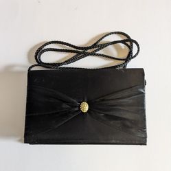 Clutch Wallet Evening Bag Black Snap Closure Cross Body Braided Strap Rhinestone Center