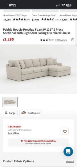 Cream sectional couch with right arm chaise  (delivery available)