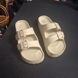 Women's Open Toe Platform Slide Sandals Adjustable Double Buckles Non-Slip Wedge Slip Ons For Beach, Walking, Casual, Travel & Home Size 6 Cream