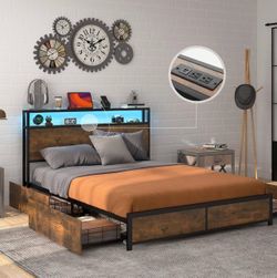 New! Full Size brown LED Bed Frame w/ Storage Drawers & Charging Station