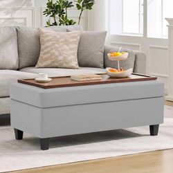 2162b  45" Faux Leather Storage Ottoman Bench with Wooden Tray, Light Grey Large Upholstered Foot Stool, Multifunctional Coffee Table Storage Bench wi