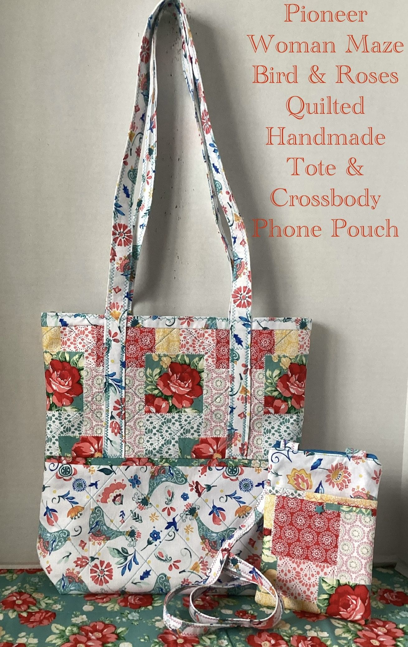 NEW PIONEER WOMAN BIRD MAZE QUILTED HANDMADE TOTE& CROSSBODY PHONE POUCH