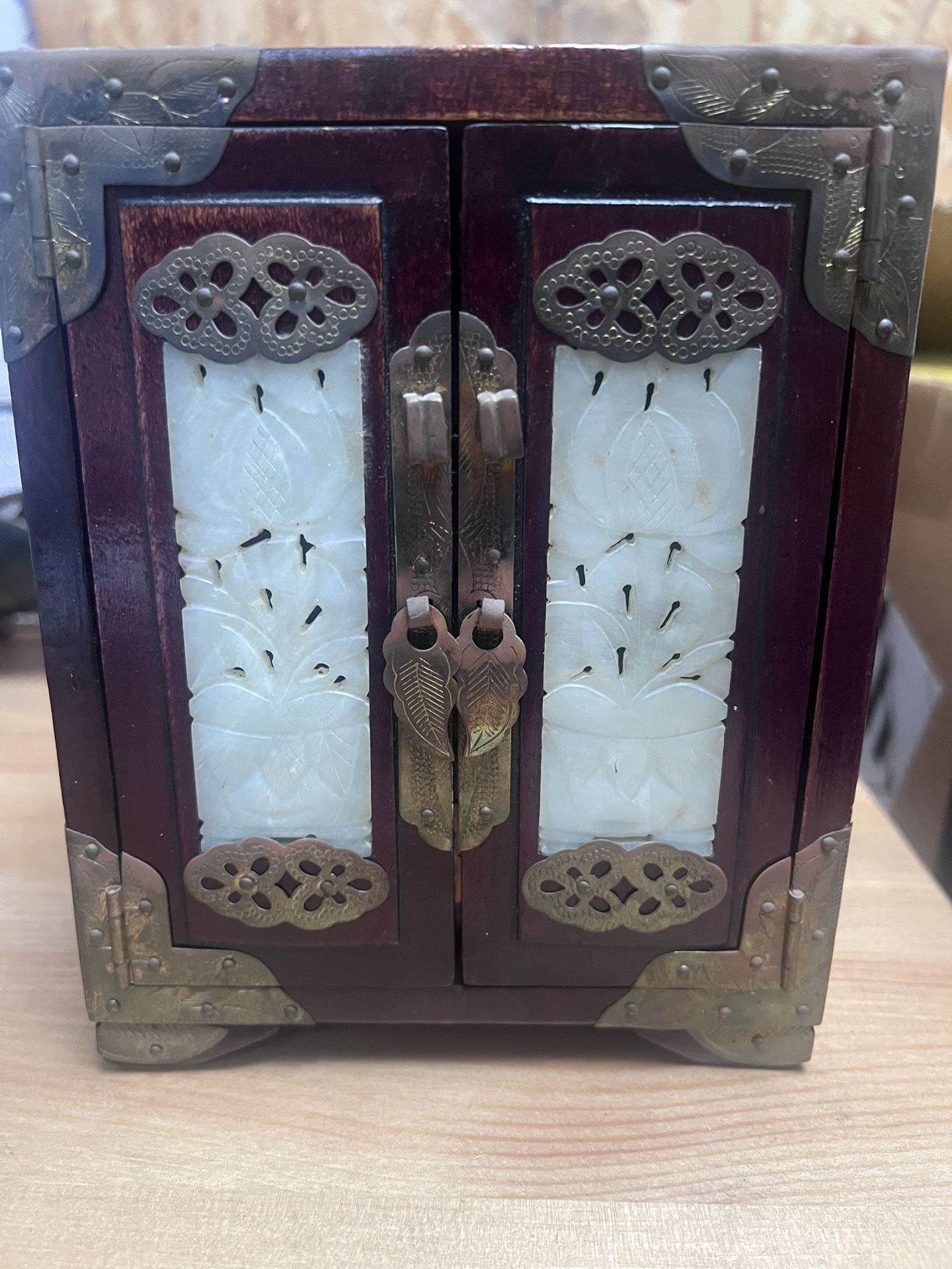 Vintage Chinese rosewood jewelry box with brass decoration and jade inlay is very beautiful