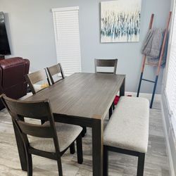 Brown Dining Table, Chairs and Bench