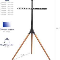 Adjustable TV Mount with Swivel and Tripod Base, Black Bracket, Dark Walnut Legs