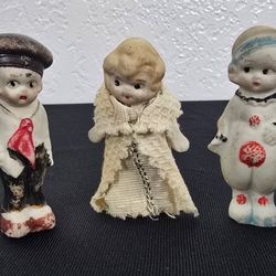 Antique Frozen Charlotte Penny Bisque Dolls~Lot of 3~ Sailor, Pierrot Clown, Unk