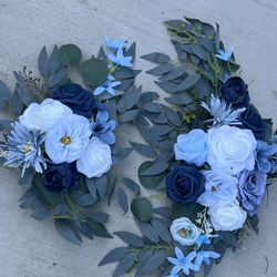 White and blue faux artificial flower arrangement with eucalyptus
