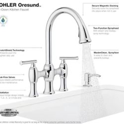 Kohler Oresund bridge-style kitchen faucet with a polished chrome finish.