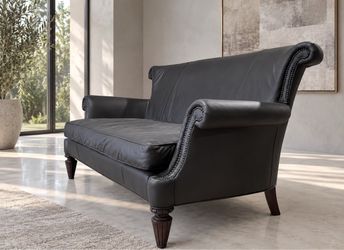 Black Leather Sofa – Elegant Rolled Arm Design