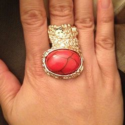 Boho Vintage Retro Gold-Toned Red Ysl Inspire Faux Gemstone Arty Oval Rings