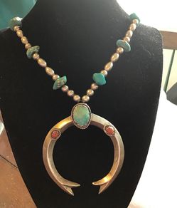 Silver Turquoise and Coral Navajo Squash Blossom Necklace.