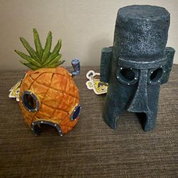 NWT 2007 Viacom Spongebob & Squidward Pineapple Fish Tiki Aquarium Tank Decor 6"